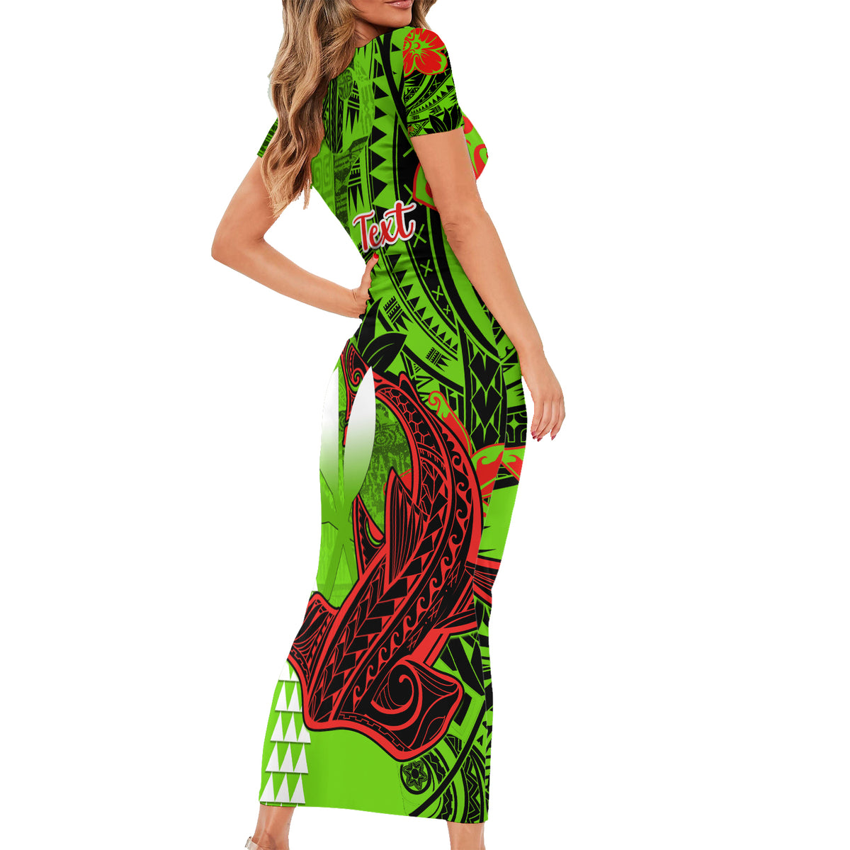 Personalised Hawaii Christmas Short Sleeve Bodycon Dress Mele Kalikimaka Kakau Polynesian Shark Tattoo LT14 - Polynesian Pride