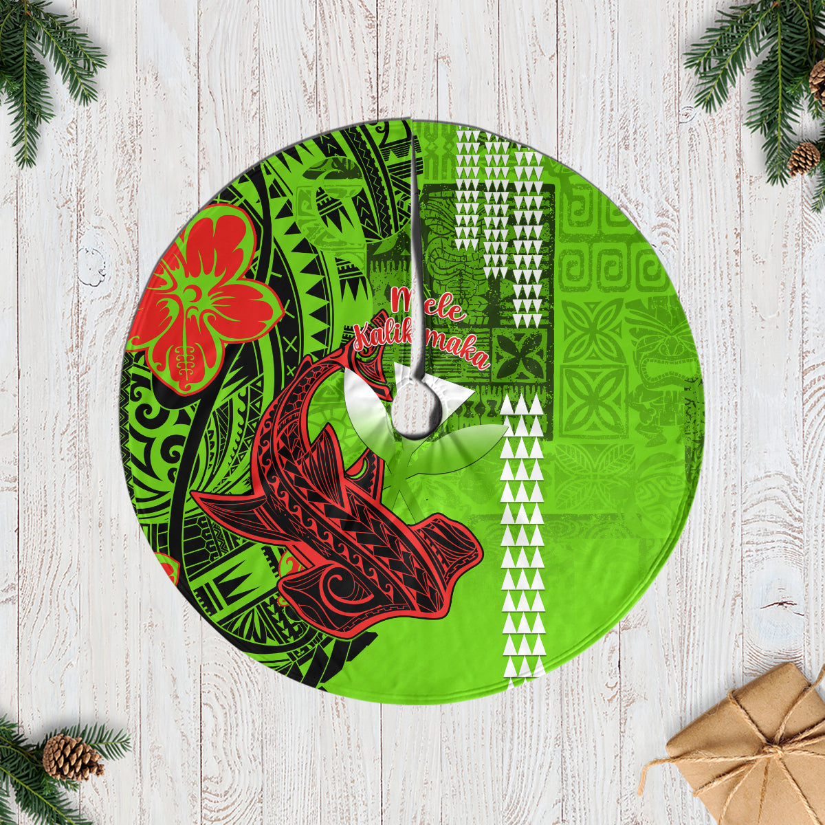 Hawaii Christmas Tree Skirt Mele Kalikimaka Kakau Polynesian Shark Tattoo LT14 Casual Tree Skirts Green - Polynesian Pride