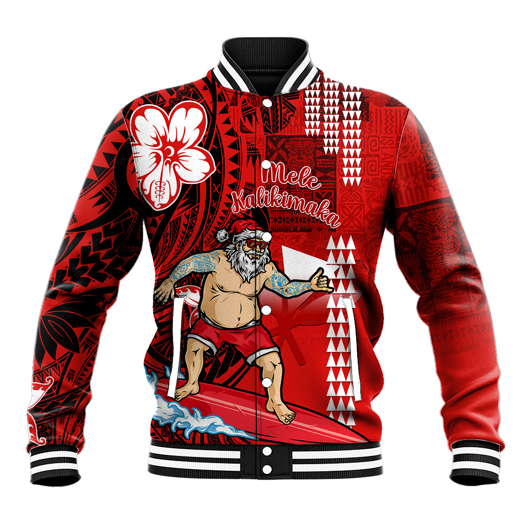 Personalised Hawaii Christmas Baseball Jacket Mele Kalikimaka Surfing Santa Claus LT14 Unisex Red - Polynesian Pride