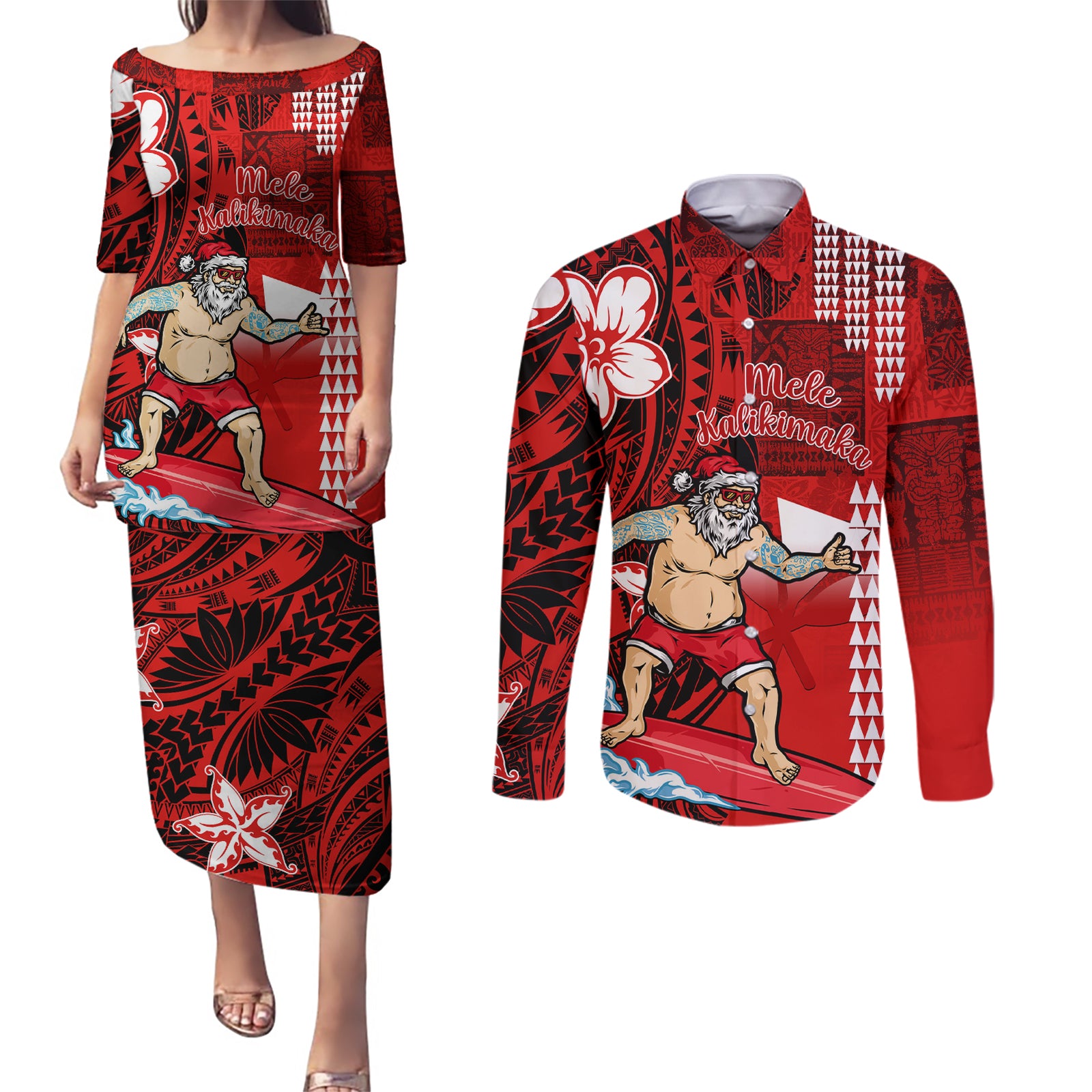 Personalised Hawaii Christmas Couples Matching Puletasi Dress and Long Sleeve Button Shirts Mele Kalikimaka Surfing Santa Claus LT14 Red - Polynesian Pride