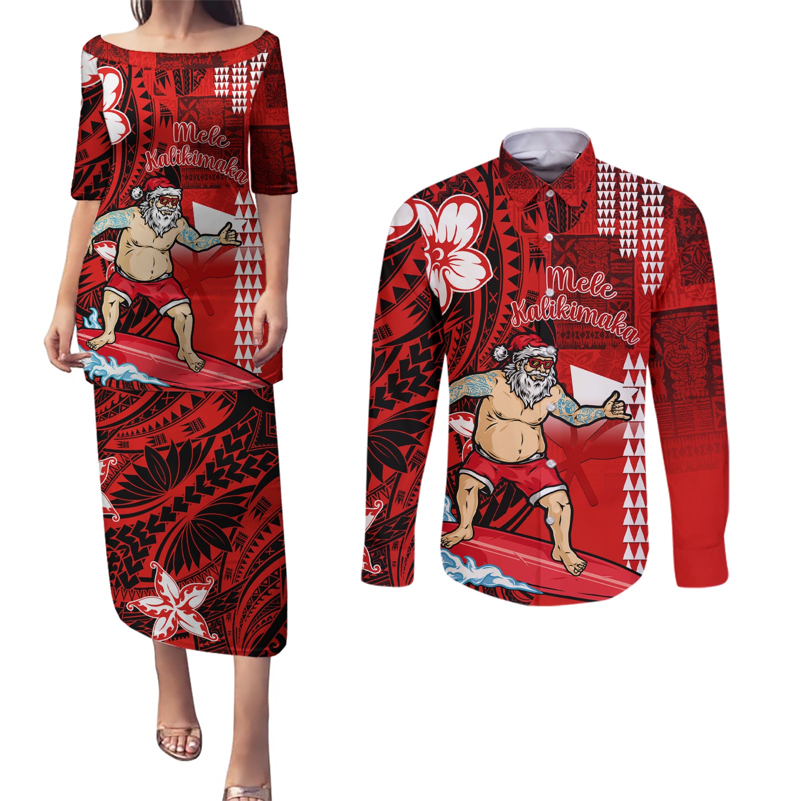 Personalised Hawaii Christmas Couples Matching Puletasi Dress and Long Sleeve Button Shirts Mele Kalikimaka Surfing Santa Claus LT14 Red - Polynesian Pride