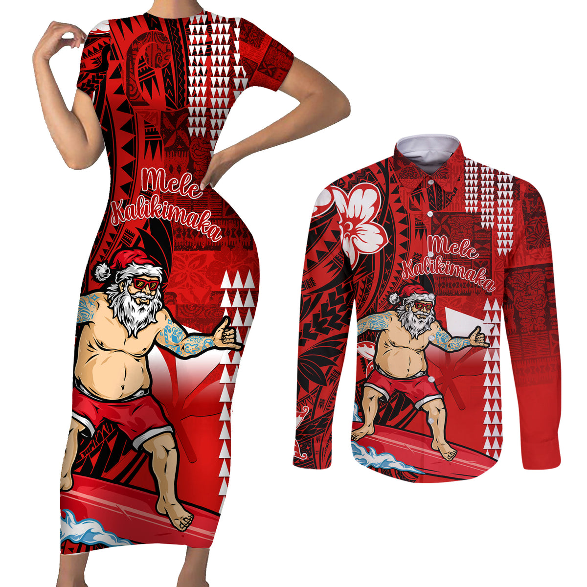 Personalised Hawaii Christmas Couples Matching Short Sleeve Bodycon Dress and Long Sleeve Button Shirts Mele Kalikimaka Surfing Santa Claus LT14 Red - Polynesian Pride