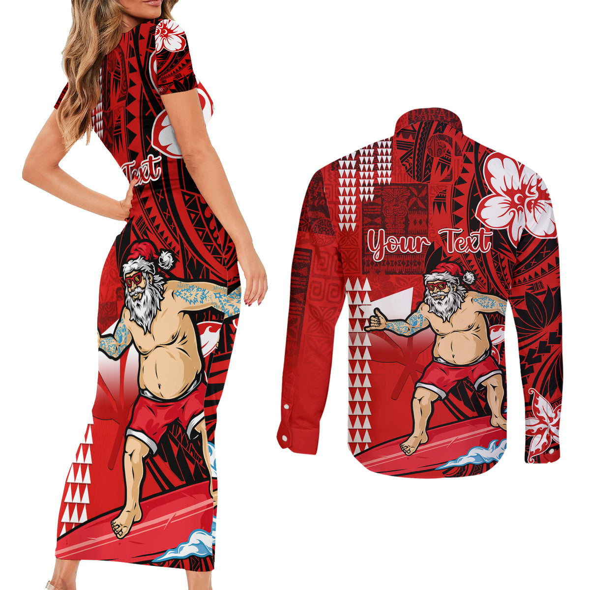 Personalised Hawaii Christmas Couples Matching Short Sleeve Bodycon Dress and Long Sleeve Button Shirts Mele Kalikimaka Surfing Santa Claus LT14 - Polynesian Pride