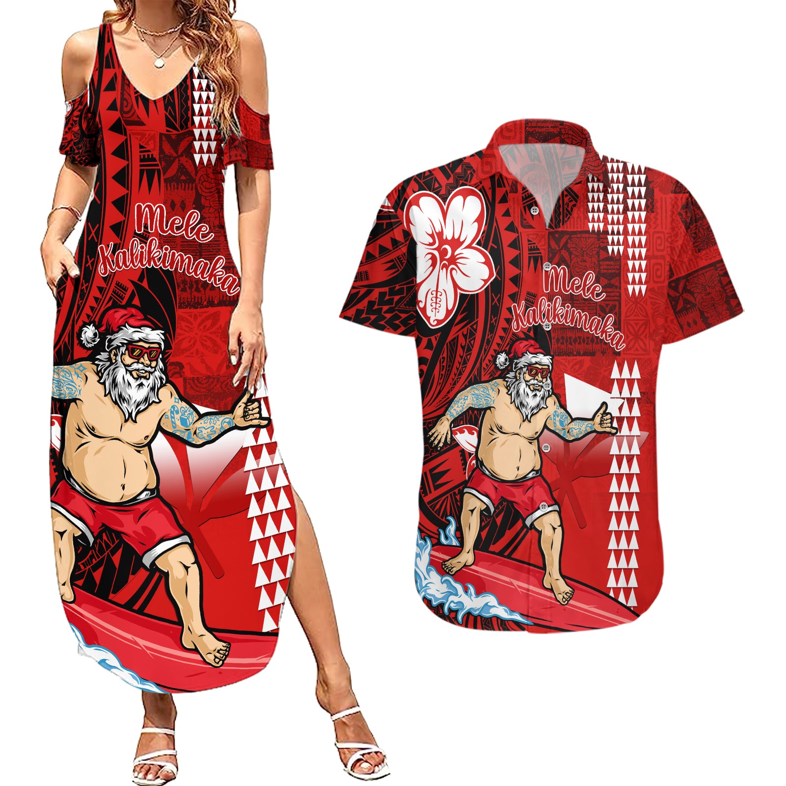 Personalised Hawaii Christmas Couples Matching Summer Maxi Dress and Hawaiian Shirt Mele Kalikimaka Surfing Santa Claus LT14 Red - Polynesian Pride
