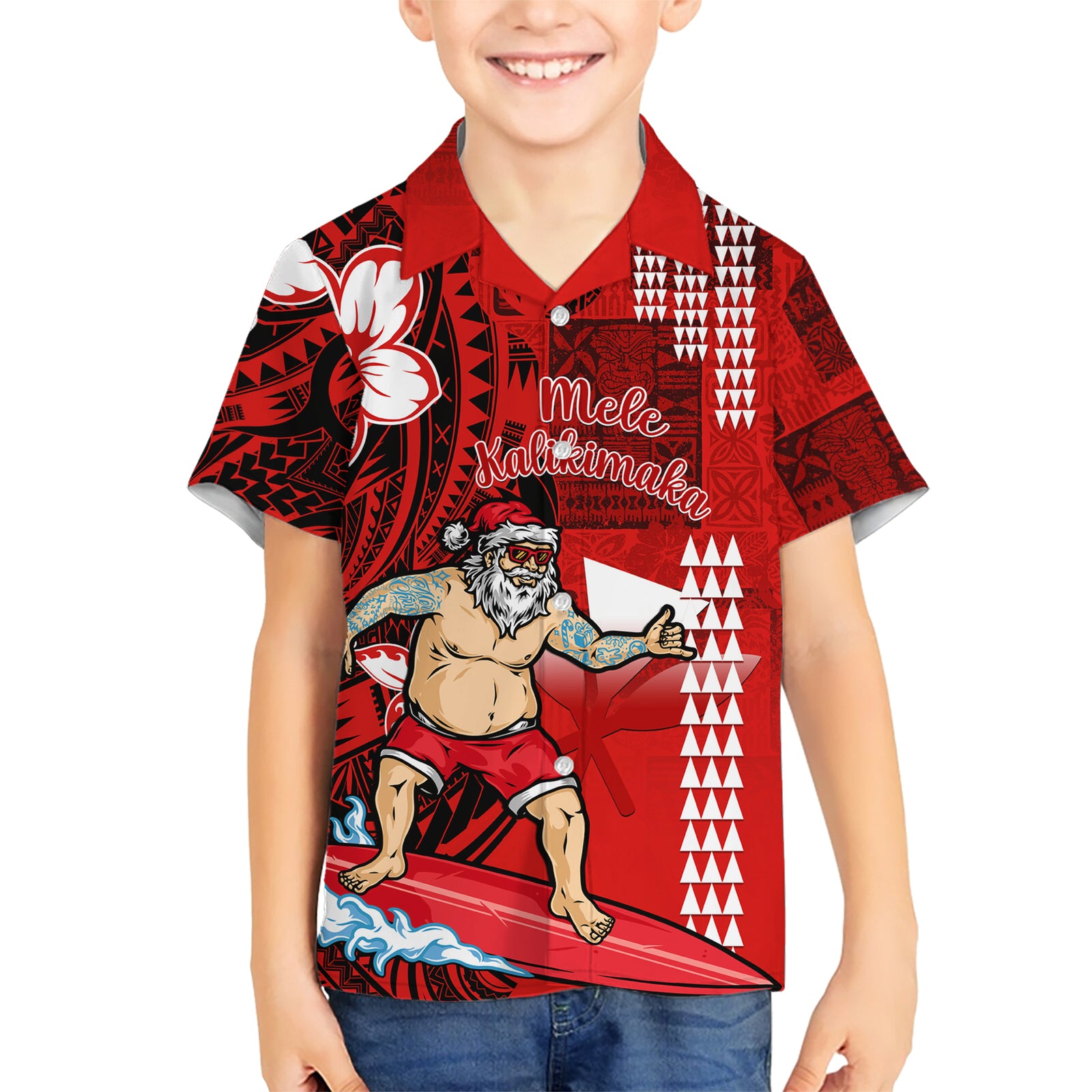 Personalised Hawaii Christmas Kid Hawaiian Shirt Mele Kalikimaka Surfing Santa Claus LT14 Kid Red - Polynesian Pride