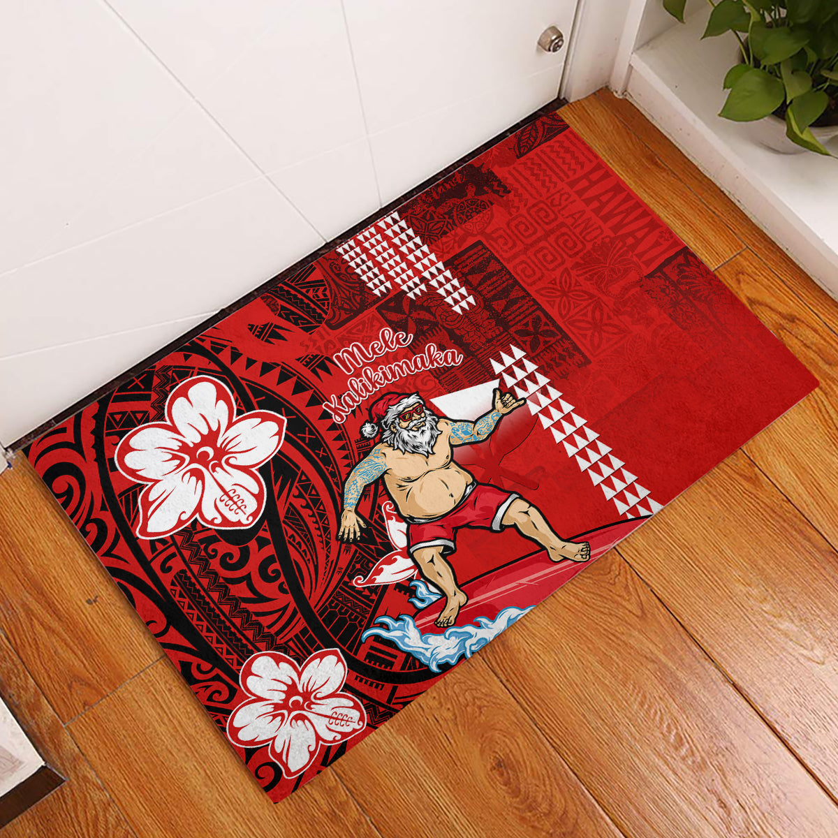 Personalised Hawaii Christmas Rubber Doormat Mele Kalikimaka Surfing Santa Claus LT14 Red - Polynesian Pride