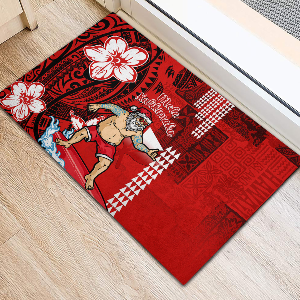 Personalised Hawaii Christmas Rubber Doormat Mele Kalikimaka Surfing Santa Claus LT14 - Polynesian Pride