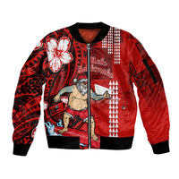 Personalised Hawaii Christmas Sleeve Zip Bomber Jacket Mele Kalikimaka Surfing Santa Claus LT14 Unisex Red - Polynesian Pride