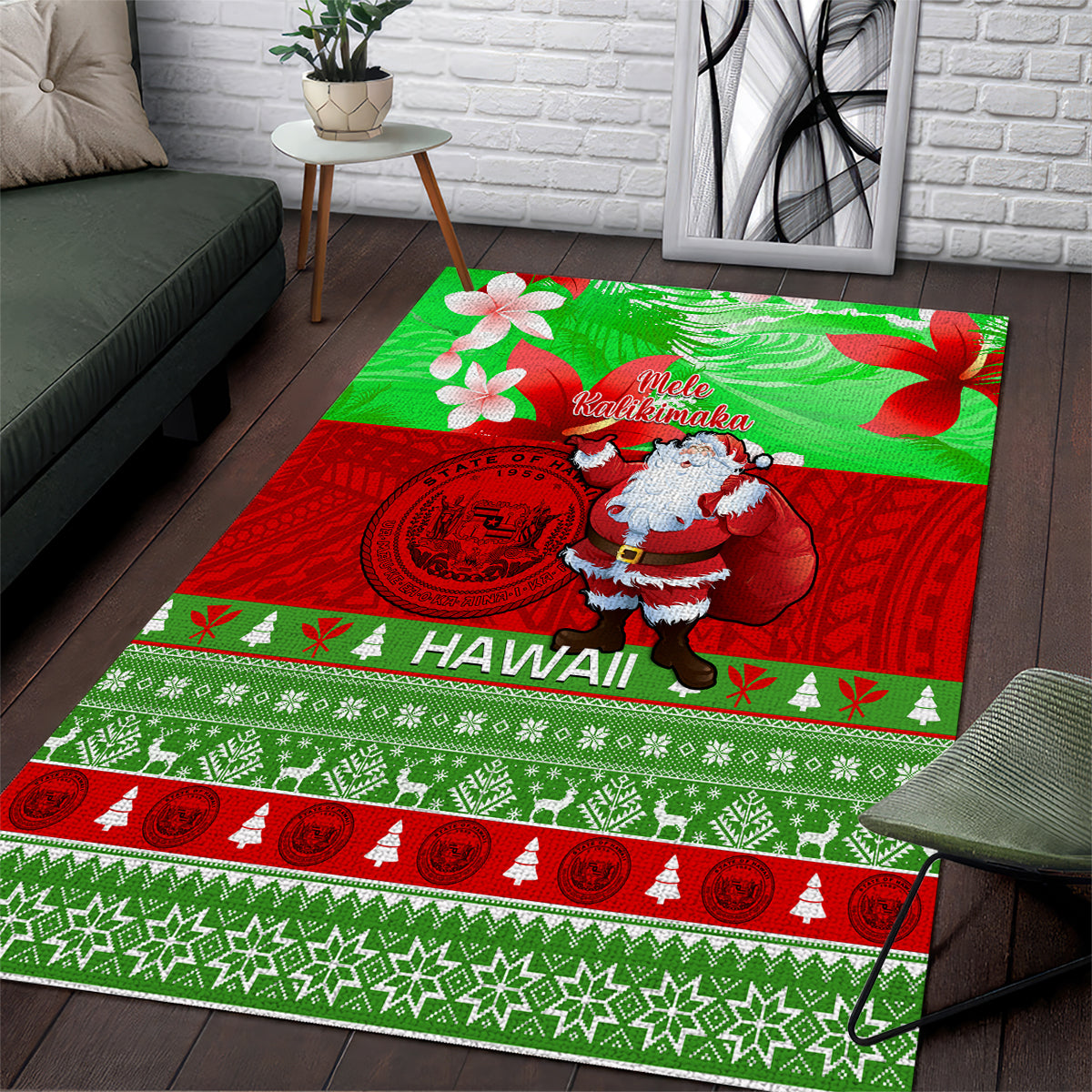 Personalised Hawaii Christmas Area Rug Mele Kalikimaka Hawaiian Santa Tropical Vibes LT14 Red - Polynesian Pride