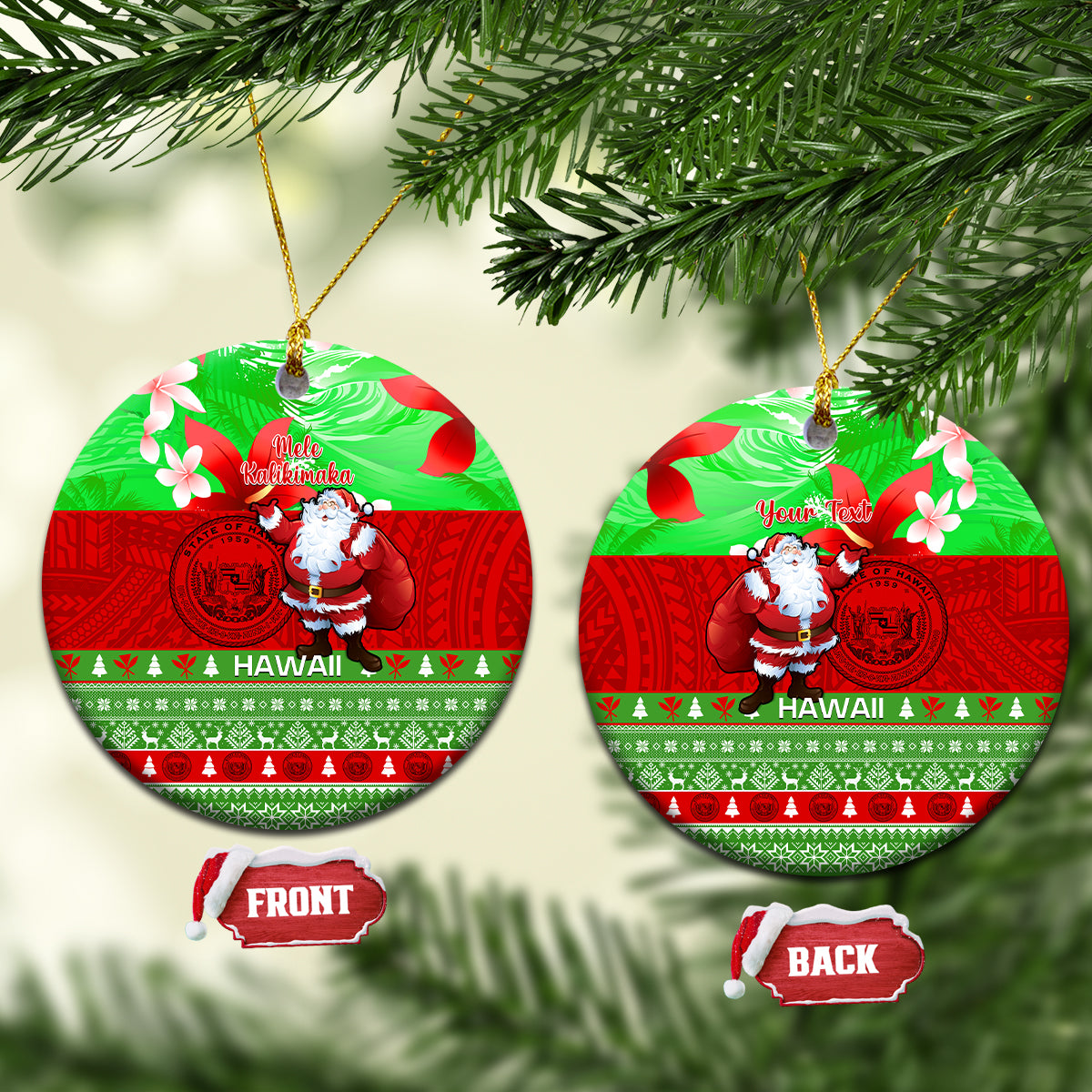 Personalised Hawaii Christmas Ceramic Ornament Mele Kalikimaka Hawaiian Santa Tropical Vibes LT14 Red - Polynesian Pride