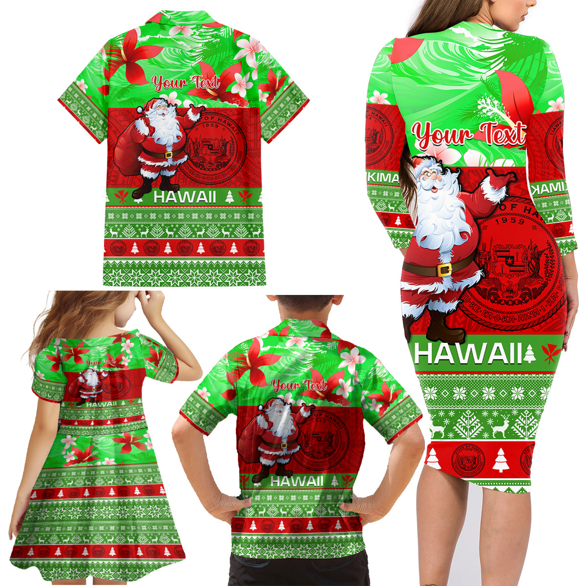 Personalised Hawaii Christmas Family Matching Long Sleeve Bodycon Dress and Hawaiian Shirt Mele Kalikimaka Hawaiian Santa Tropical Vibes LT14 - Polynesian Pride