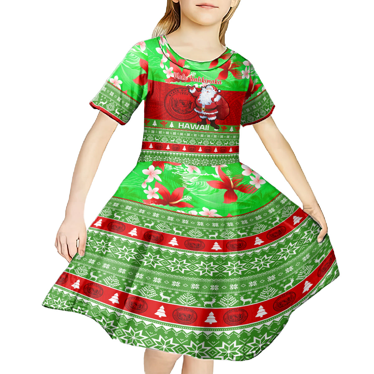 Personalised Hawaii Christmas Kid Short Sleeve Dress Mele Kalikimaka Hawaiian Santa Tropical Vibes LT14 - Polynesian Pride