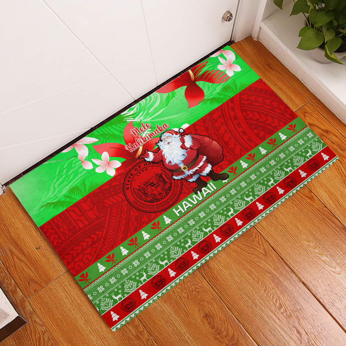 Personalised Hawaii Christmas Rubber Doormat Mele Kalikimaka Hawaiian Santa Tropical Vibes LT14 Red - Polynesian Pride