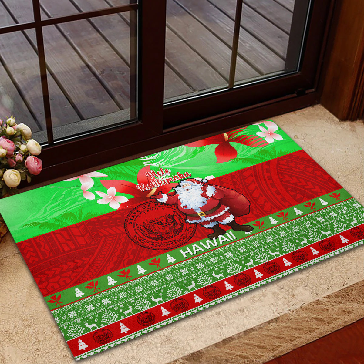 Personalised Hawaii Christmas Rubber Doormat Mele Kalikimaka Hawaiian Santa Tropical Vibes LT14 - Polynesian Pride