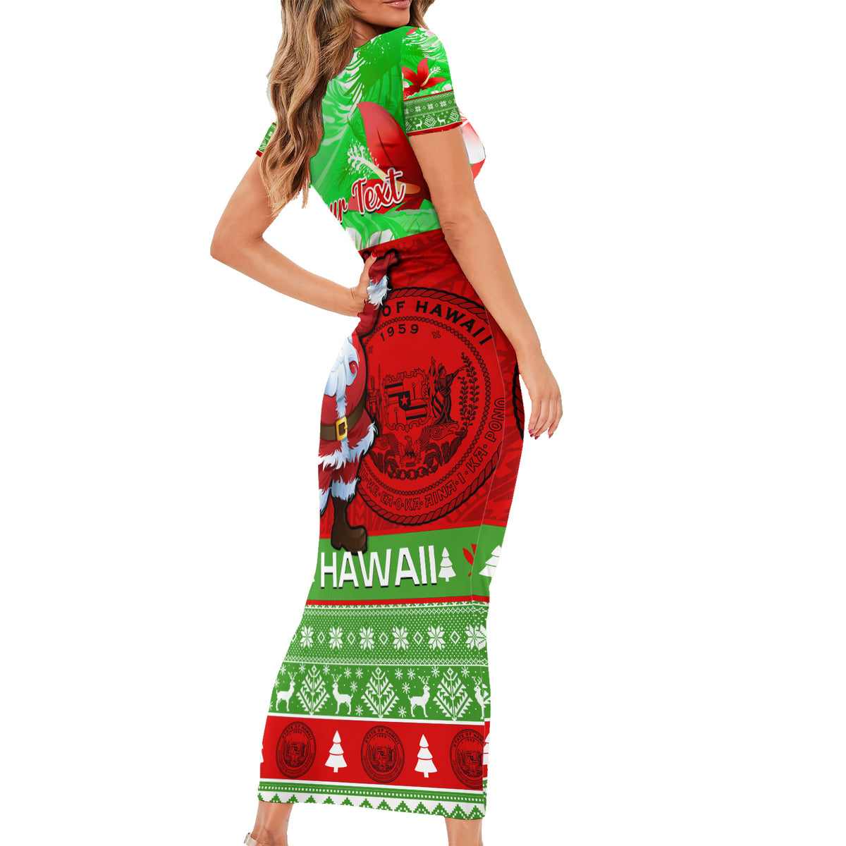 Personalised Hawaii Christmas Short Sleeve Bodycon Dress Mele Kalikimaka Hawaiian Santa Tropical Vibes LT14 - Polynesian Pride