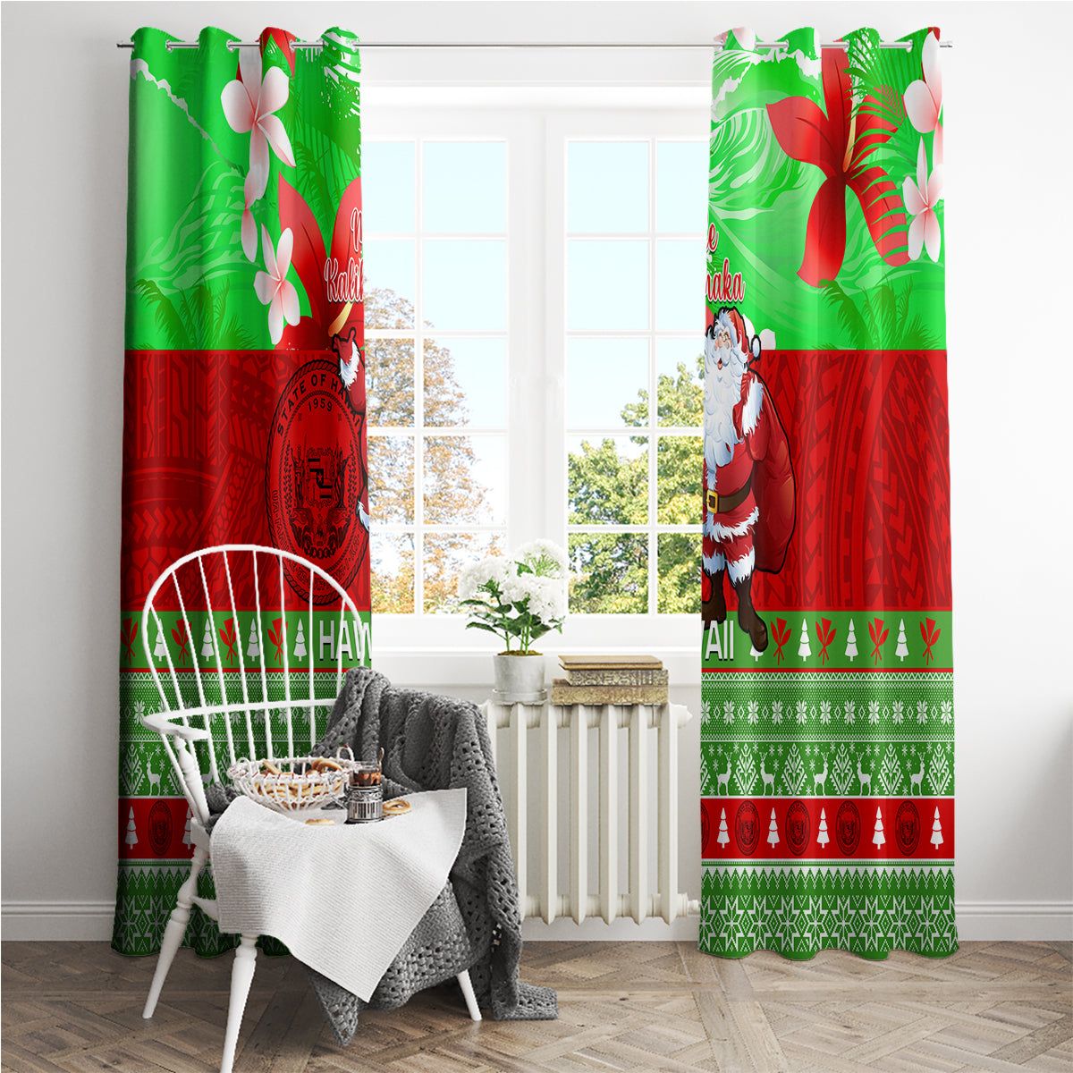 Personalised Hawaii Christmas Window Curtain Mele Kalikimaka Hawaiian Santa Tropical Vibes LT14 - Polynesian Pride
