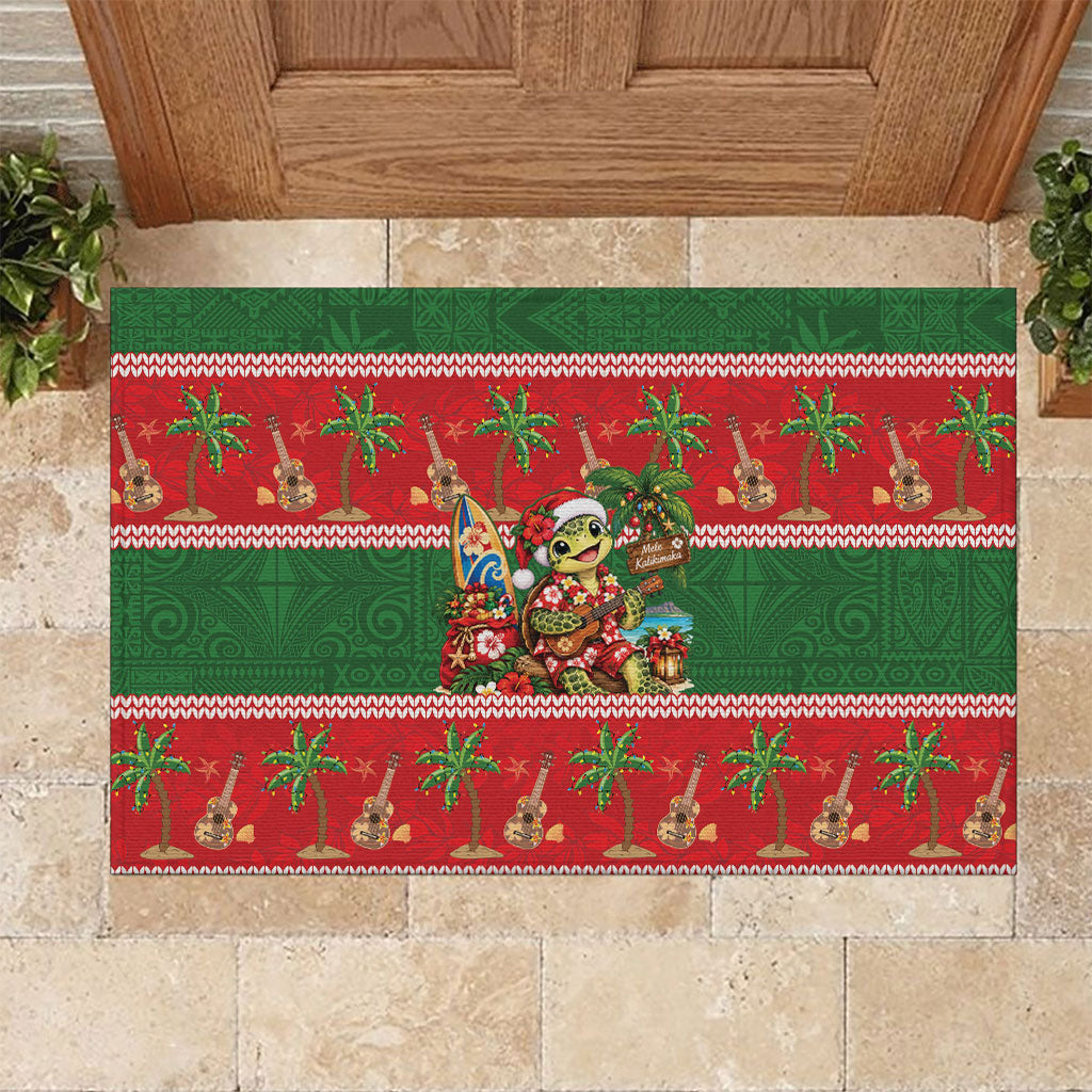 Hawaii Christmas Mele Kalikimaka Rubber Doormat Aloha Turtle Santa With Ukulele LT14 Red - Polynesian Pride