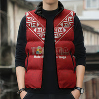 Mate Maa Tonga Rugby Custom Sleeveless Puffer Jacket 2026 Tongan Ngatu Pattern Red LT14 - Polynesian Pride