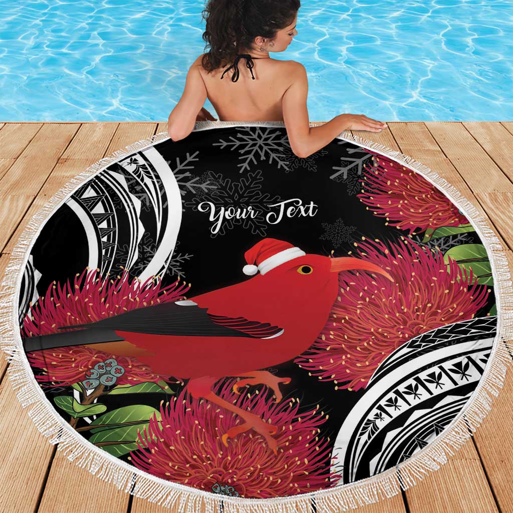 Personalized Mele Kalikimaka Hawaii Beach Blanket I'iwi Bird With Ohia Lehua - Black Color