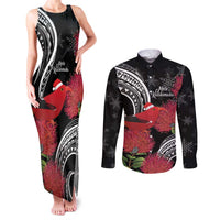 Personalized Mele Kalikimaka Hawaii Couples Matching Tank Maxi Dress and Long Sleeve Button Shirt I'iwi Bird With Ohia Lehua - Black Color LT14 Black - Polynesian Pride