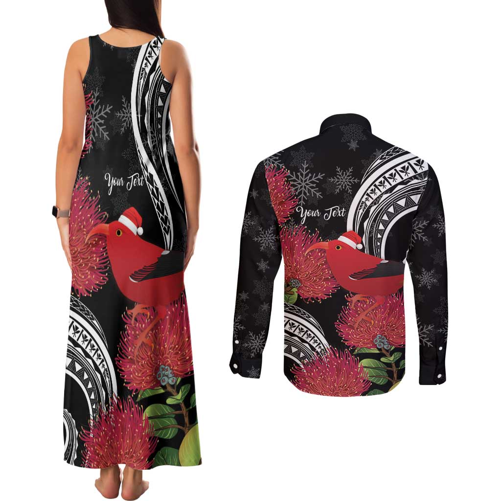 Personalized Mele Kalikimaka Hawaii Couples Matching Tank Maxi Dress and Long Sleeve Button Shirt I'iwi Bird With Ohia Lehua - Black Color LT14 - Polynesian Pride