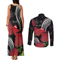 Personalized Mele Kalikimaka Hawaii Couples Matching Tank Maxi Dress and Long Sleeve Button Shirt I'iwi Bird With Ohia Lehua - Black Color LT14 - Polynesian Pride