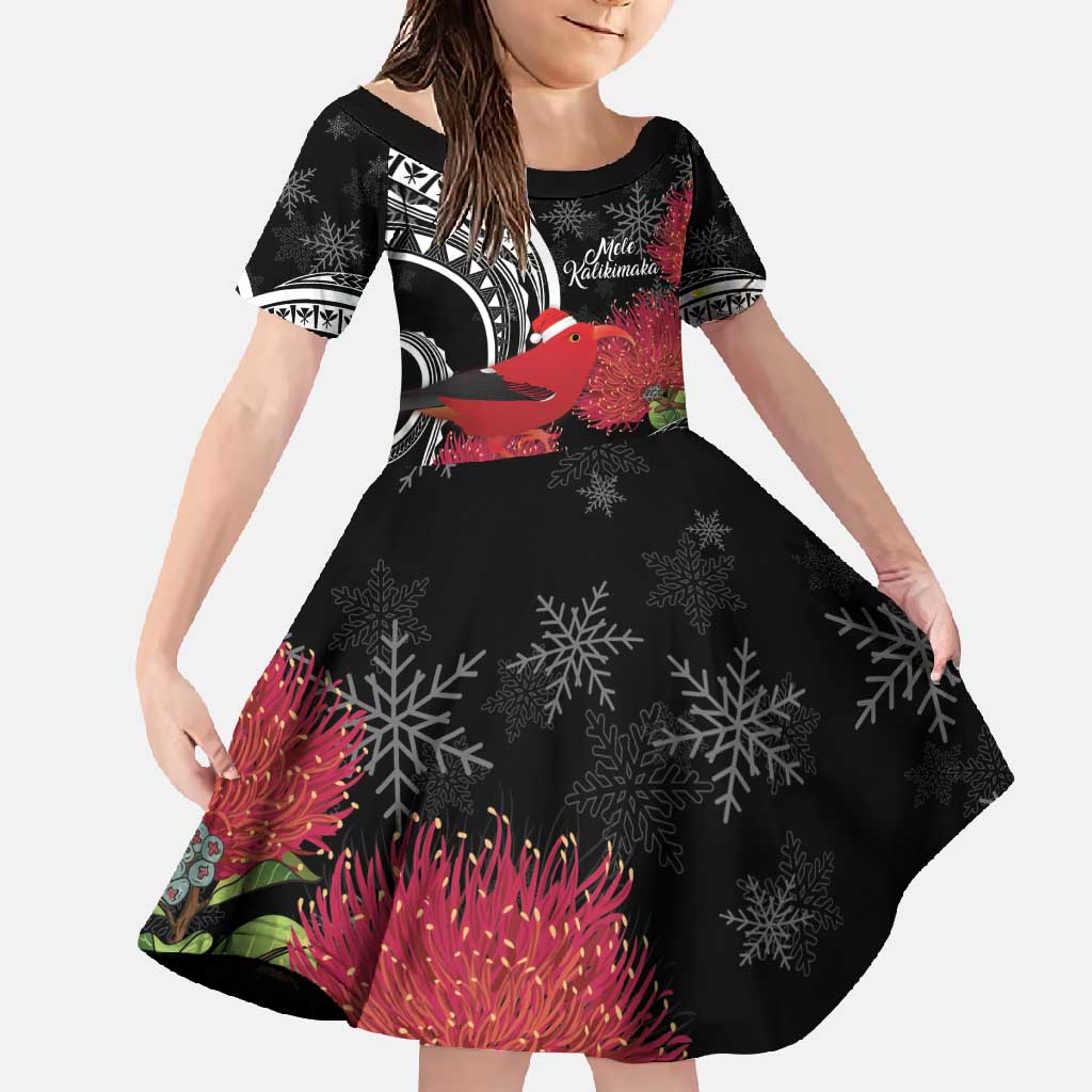 Personalized Mele Kalikimaka Hawaii Family Matching Mermaid Dress and Hawaiian Shirt I'iwi Bird With Ohia Lehua - Black Color