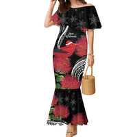 Personalized Mele Kalikimaka Hawaii Family Matching Mermaid Dress and Hawaiian Shirt I'iwi Bird With Ohia Lehua - Black Color