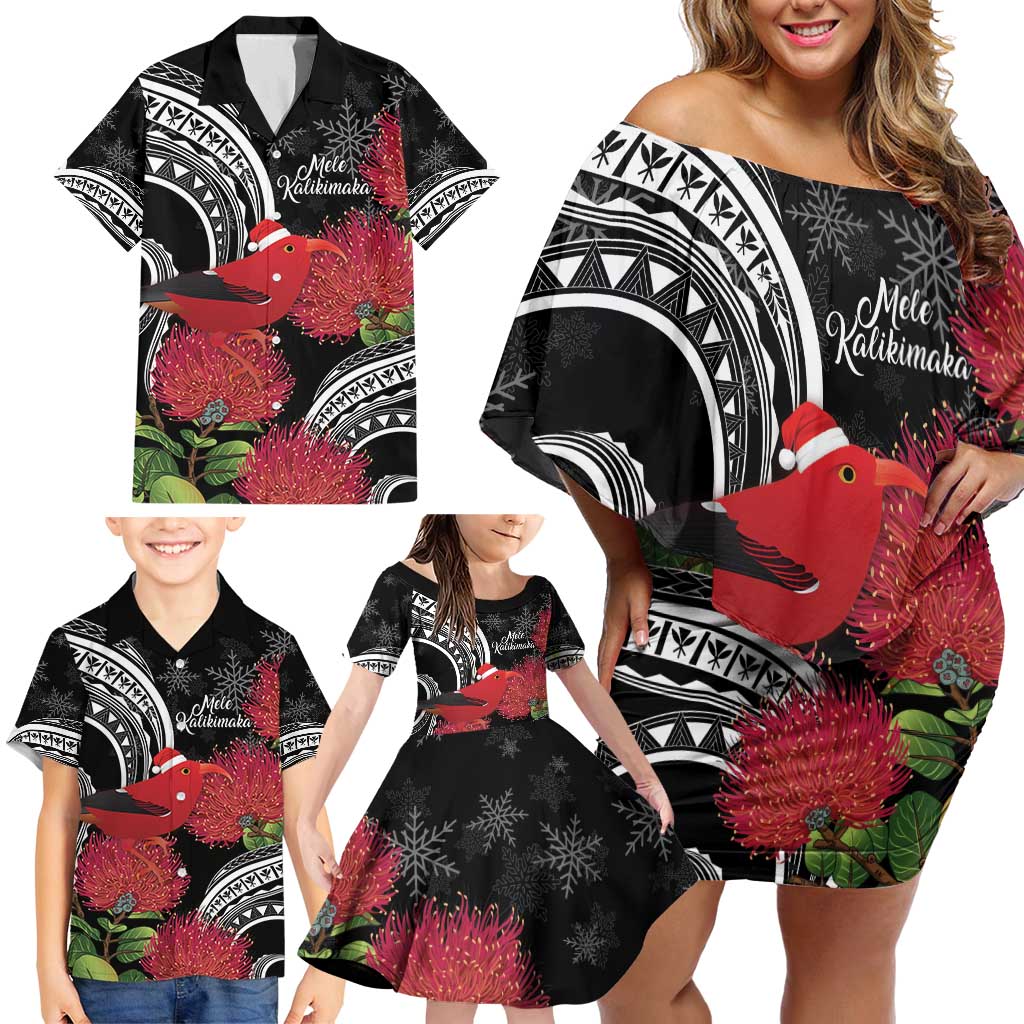 Personalized Mele Kalikimaka Hawaii Family Matching Off Shoulder Short Dress and Hawaiian Shirt I'iwi Bird With Ohia Lehua - Black Color