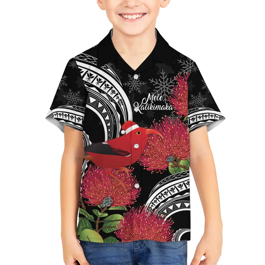 Personalized Mele Kalikimaka Hawaii Family Matching Off Shoulder Short Dress and Hawaiian Shirt I'iwi Bird With Ohia Lehua - Black Color