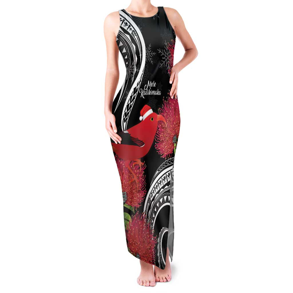 Personalized Mele Kalikimaka Hawaii Family Matching Tank Maxi Dress and Hawaiian Shirt I'iwi Bird With Ohia Lehua - Black Color