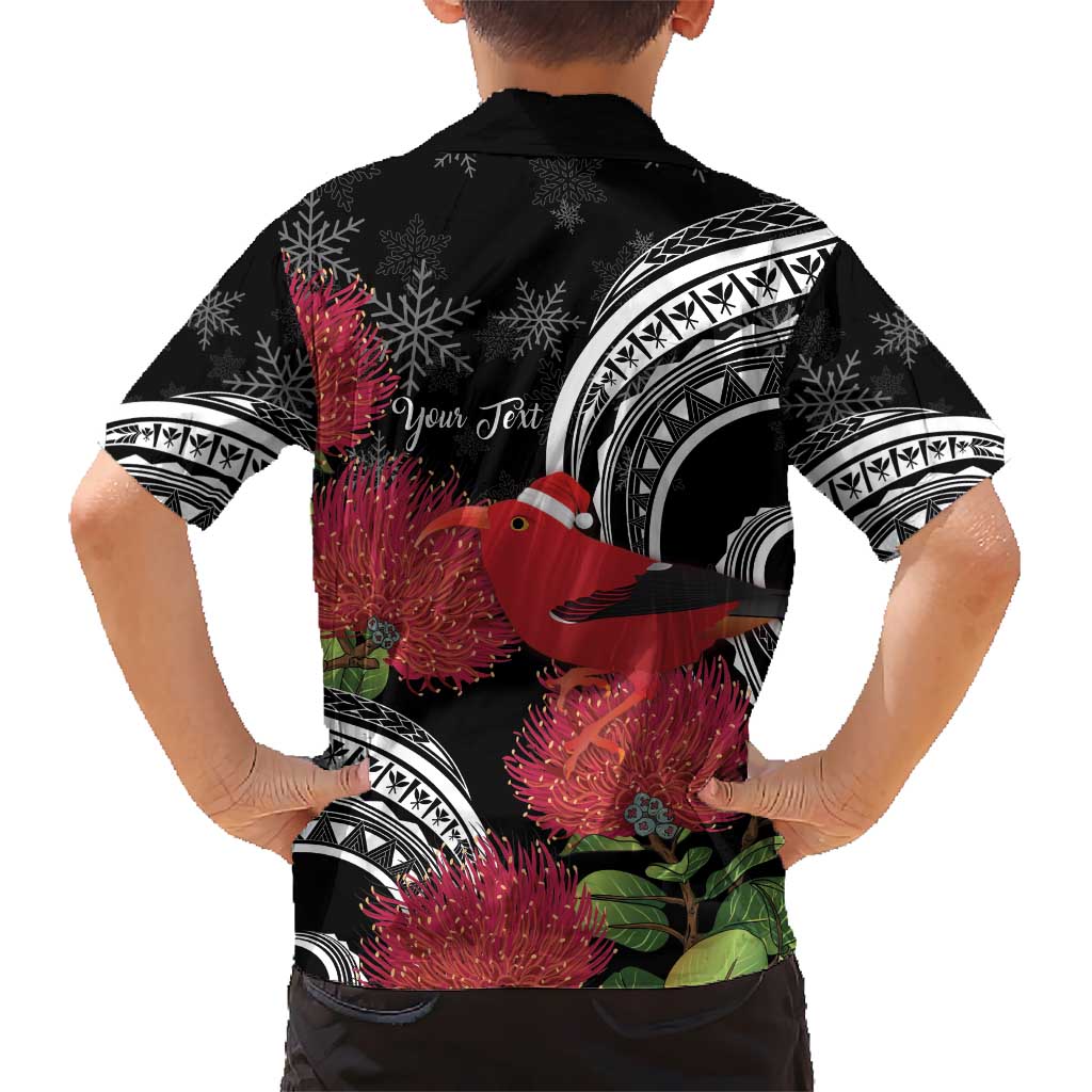 Personalized Mele Kalikimaka Hawaii Kid Hawaiian Shirt I'iwi Bird With Ohia Lehua - Black Color