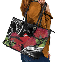 Personalized Mele Kalikimaka Hawaii Leather Tote Bag I'iwi Bird With Ohia Lehua - Black Color