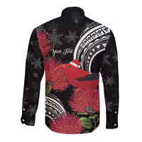 Personalized Mele Kalikimaka Hawaii Long Sleeve Button Shirt I'iwi Bird With Ohia Lehua - Black Color