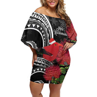 Personalized Mele Kalikimaka Hawaii Off Shoulder Short Dress I'iwi Bird With Ohia Lehua - Black Color LT14 Women Black - Polynesian Pride