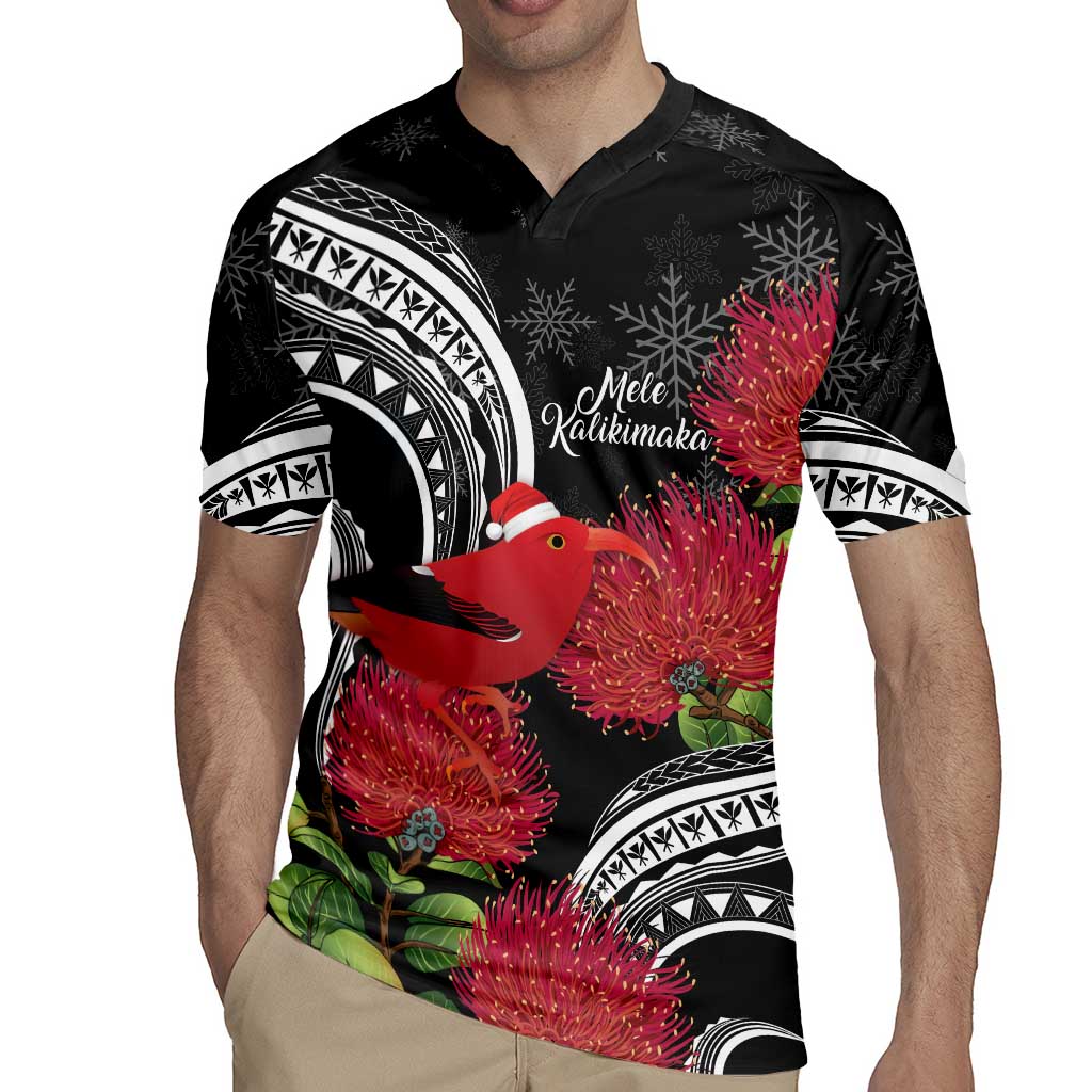 Personalized Mele Kalikimaka Hawaii Rugby Jersey I'iwi Bird With Ohia Lehua - Black Color