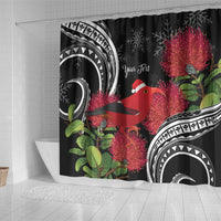 Personalized Mele Kalikimaka Hawaii Shower Curtain I'iwi Bird With Ohia Lehua - Black Color