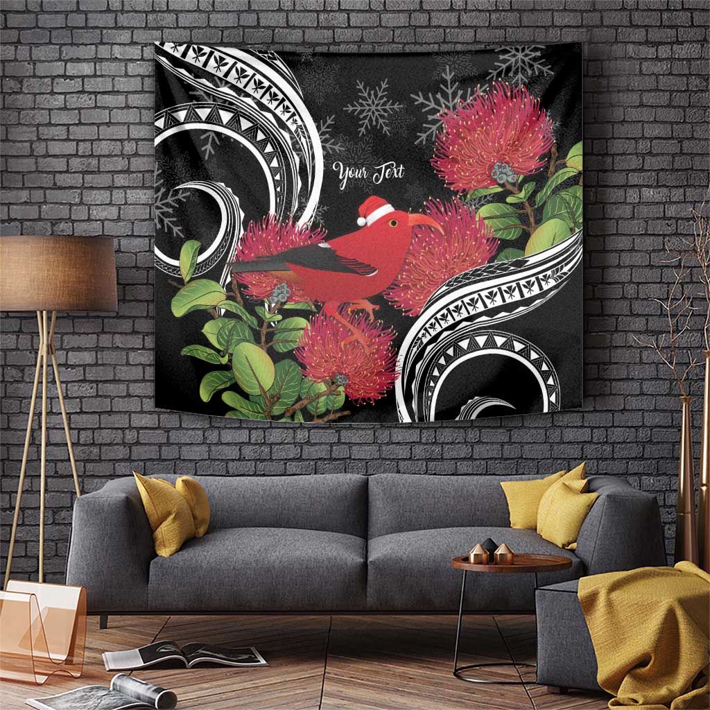 Personalized Mele Kalikimaka Hawaii Tapestry I'iwi Bird With Ohia Lehua - Black Color LT14 Black - Polynesian Pride