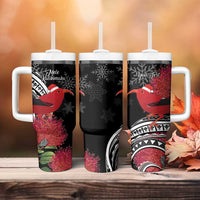Personalized Mele Kalikimaka Hawaii Tumbler With Handle I'iwi Bird With Ohia Lehua - Black Color