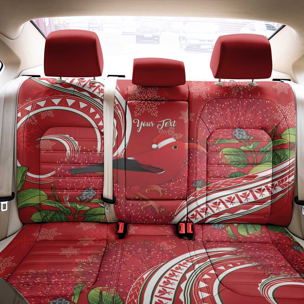 Personalized Mele Kalikimaka Hawaii Back Car Seat Cover I'iwi Bird With Ohia Lehua - Red Color