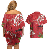 Personalized Mele Kalikimaka Hawaii Couples Matching Off Shoulder Short Dress and Hawaiian Shirt I'iwi Bird With Ohia Lehua - Red Color