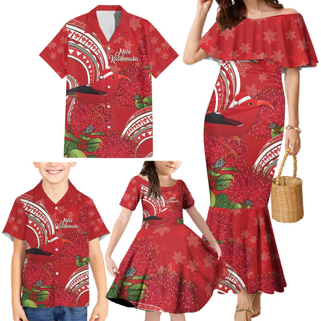 Personalized Mele Kalikimaka Hawaii Family Matching Mermaid Dress and Hawaiian Shirt I'iwi Bird With Ohia Lehua - Red Color