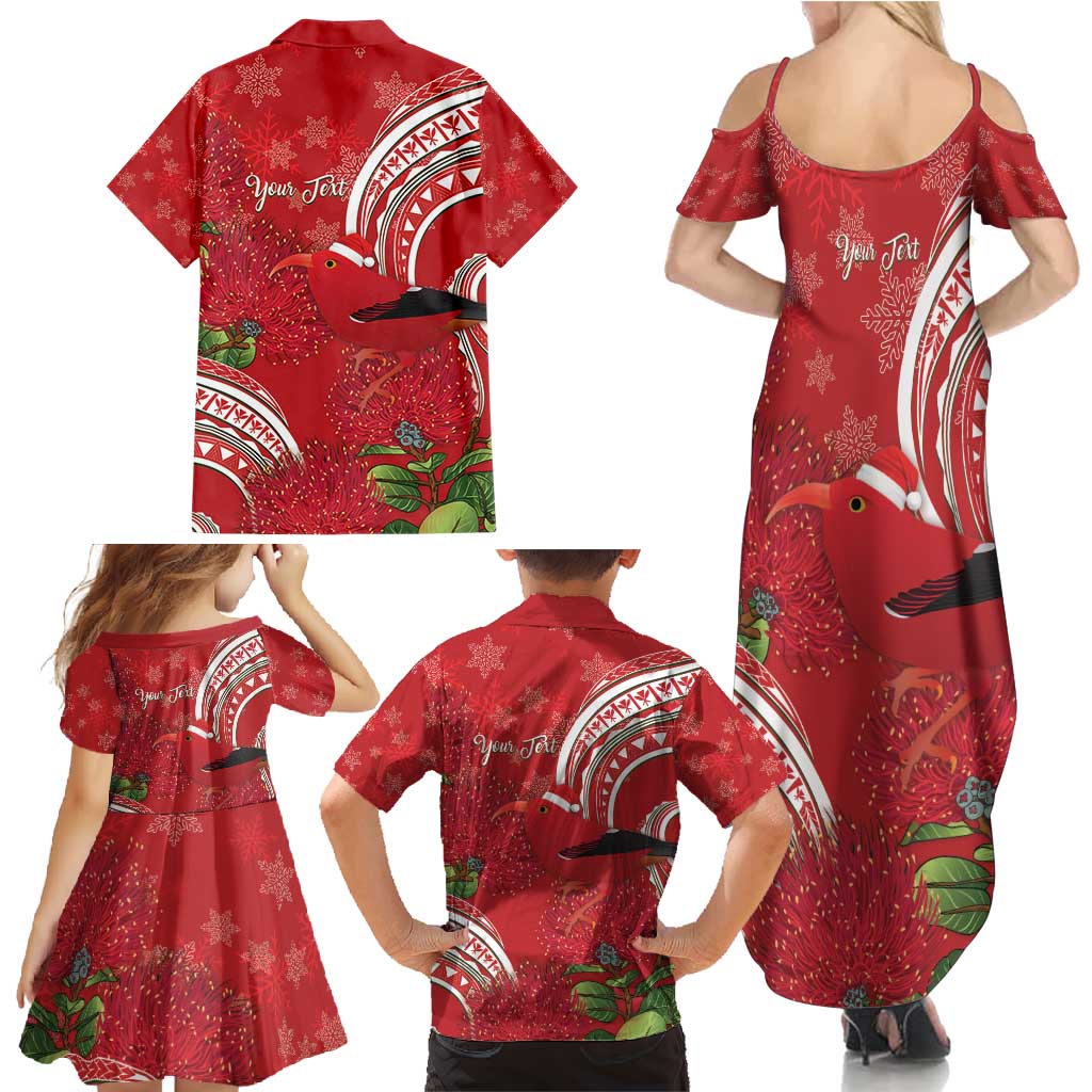 Personalized Mele Kalikimaka Hawaii Family Matching Summer Maxi Dress and Hawaiian Shirt I'iwi Bird With Ohia Lehua - Red Color