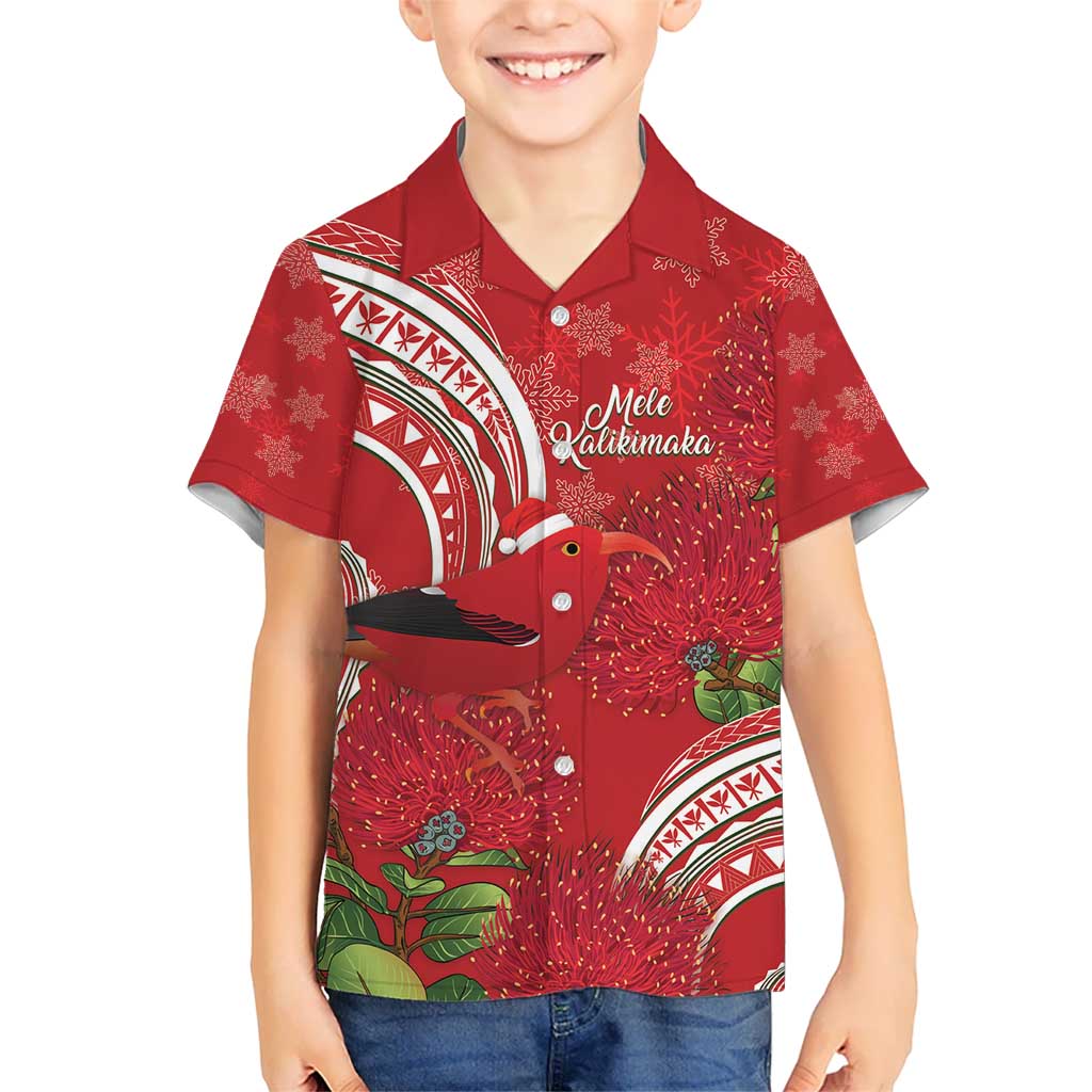 Personalized Mele Kalikimaka Hawaii Kid Hawaiian Shirt I'iwi Bird With Ohia Lehua - Red Color