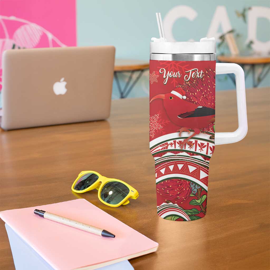 Personalized Mele Kalikimaka Hawaii Tumbler With Handle I'iwi Bird With Ohia Lehua - Red Color