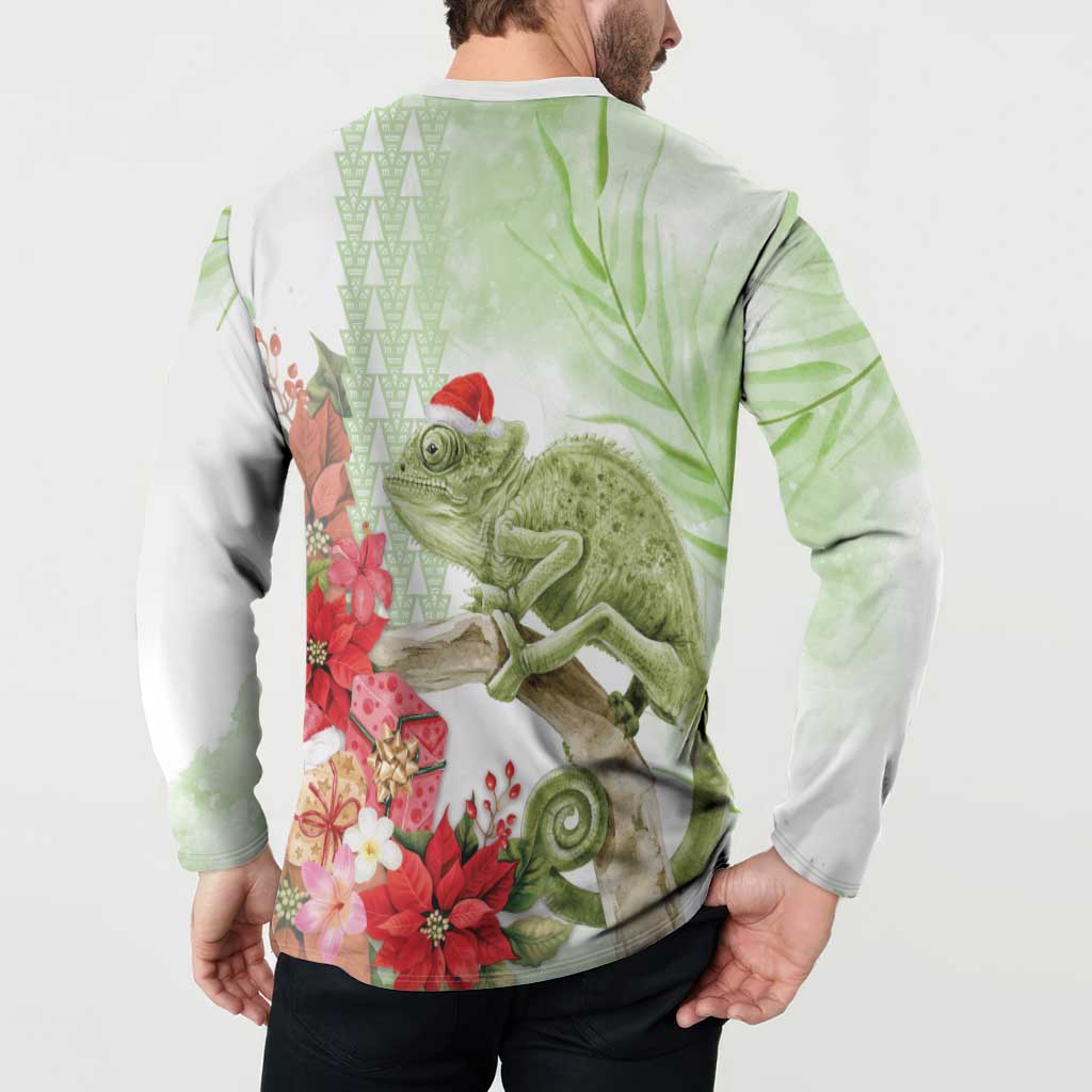 Pastel Green Hawaii Chameleon Christmas Button Sweatshirt Mele Kalikimaka Kakau - Watercolor