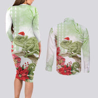 Pastel Green Hawaii Chameleon Christmas Couples Matching Long Sleeve Bodycon Dress and Long Sleeve Button Shirt Mele Kalikimaka Kakau - Watercolor