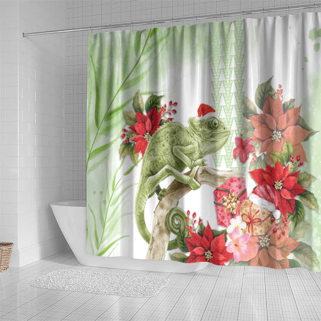 Pastel Green Hawaii Chameleon Christmas Shower Curtain Mele Kalikimaka Kakau - Watercolor