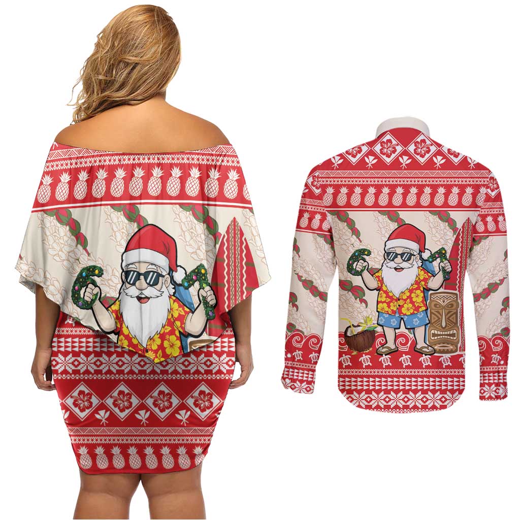 Hawaii Christmas Six Seven Couples Matching Off Shoulder Short Dress and Long Sleeve Button Shirt Mele Kalikimaka Funny Santa 67 Gen Alpha Slang - Polynesian Pride