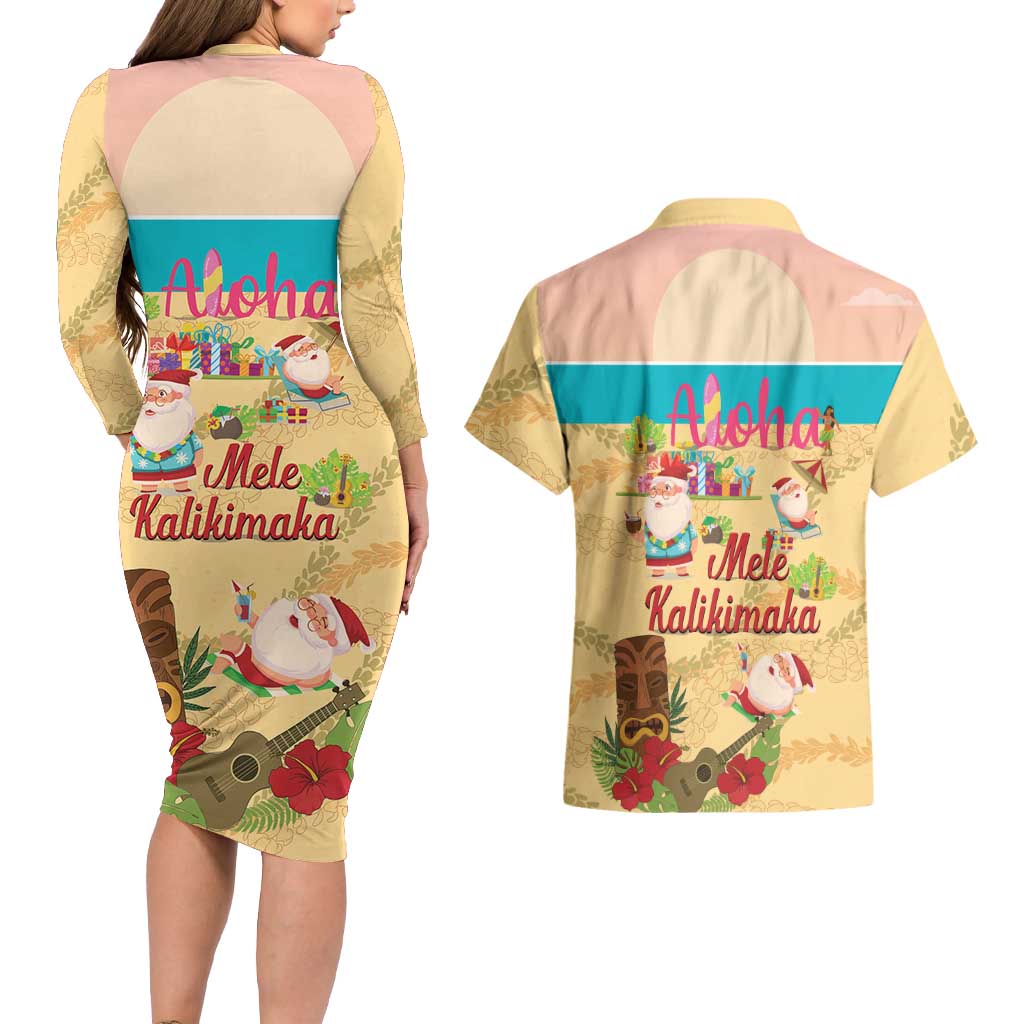 Aloha Hawaii Mele Kalikimaka Couples Matching Long Sleeve Bodycon Dress and Hawaiian Shirt Beachy Funny Santa Hawaiian Lei - Polynesian Pride